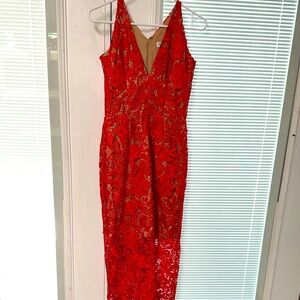Dress the Population | Dresses | Dress The Population Red And Tan Marie  Lace Midi Dress Size M | Poshmark